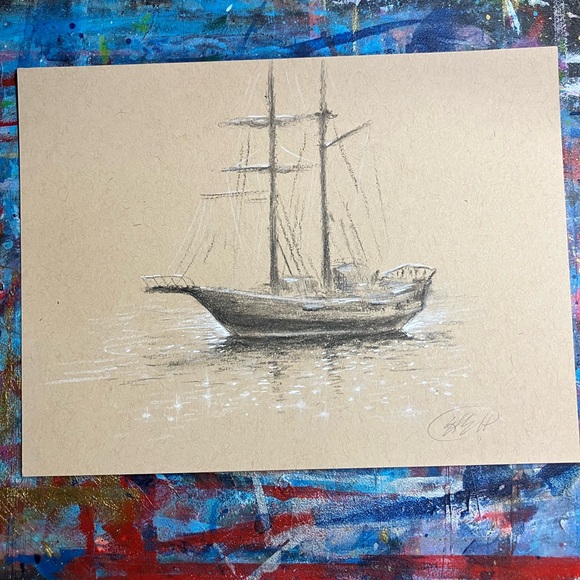 Artettina Other - Original Sailboat Nautical Art Charcoal pastel painting Sketch Seascape artwork
